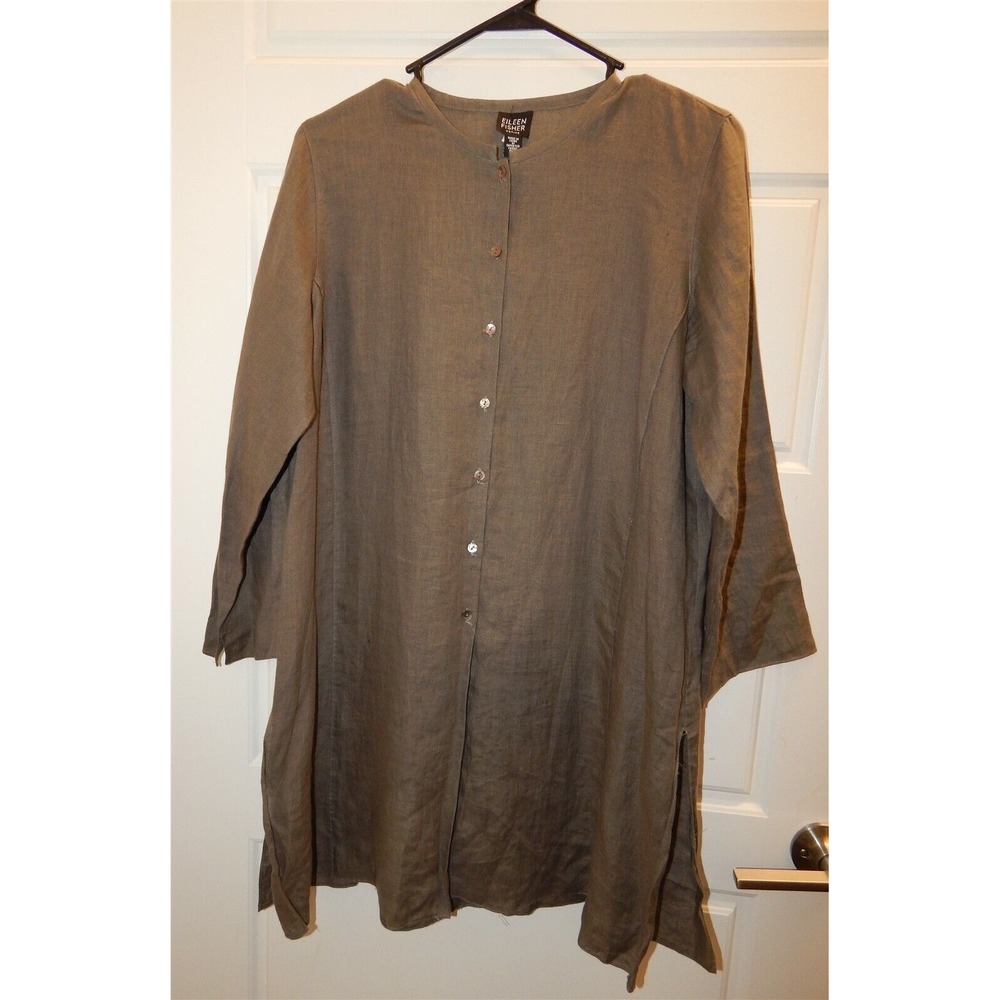 Eileen Fisher Petite Brown Khaki Button Down 100% Linen Blouse sz PM